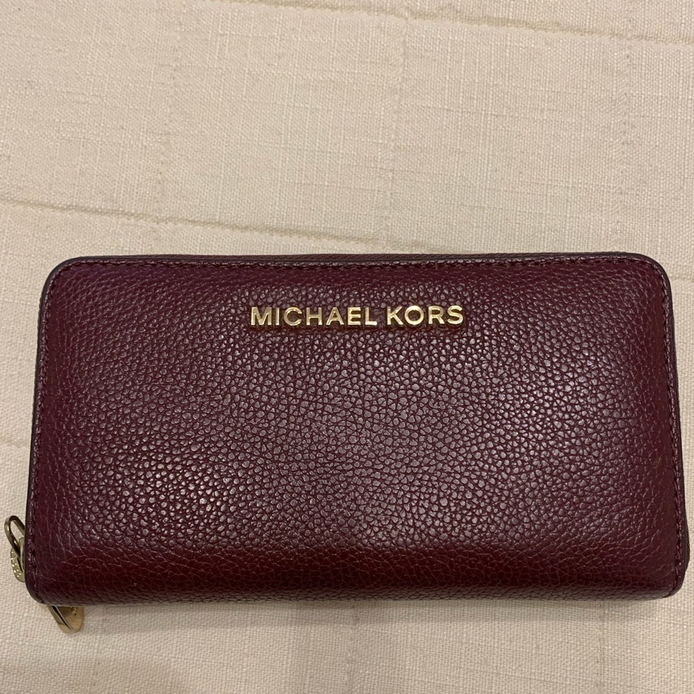 MICHAEL KORS Maroon Leather Multi Function Phone Zip Wallet